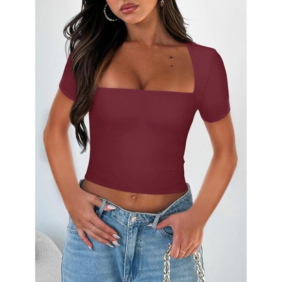 🆕 Women Red Square Neck Crop Top Sexy Short Sleeve Cute Basic Cropped T Shirts - Picture 2 of 6